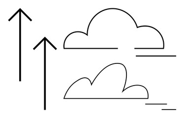Two simple clouds with clean lines and two arrows pointing upward, symbolizing growth, progress, or uplift. Ideal for productivity, business growth, innovation, aspiration, upward momentum