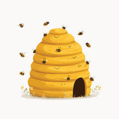 Whimsical Beehive with Smiling Bees and Playful Insect Companions