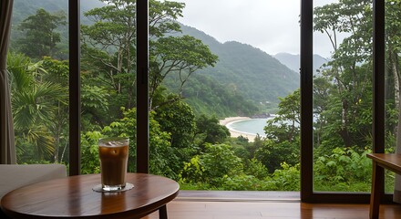 Fototapeta premium Refreshing iced coffee on a wooden table inside a mountain slope villa bedroom, view through wide glass door of towering lush wet trees, cool damp air, distant glimpse of white sandy beach