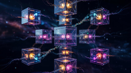 Interconnected Network of Blockchain Cubes with Glowing Lights Representing Digital Transactions and Secure Data Transfer in the Metaverse