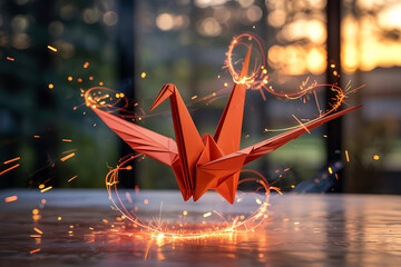 Majestic origami crane levitating with sparks in artistic display of creativity and artistry symbolizing dreams hope and imagination for a unique and captivating visual experience