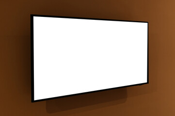 Obraz premium Modern widescreen television mounted on a light-colored wall displaying a completely white screen, perfect for media or tech mockups