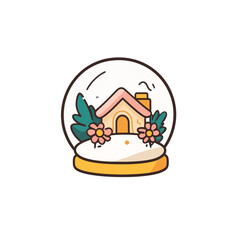 Whimsical snow globe featuring a cozy house flowers and stylized foliage