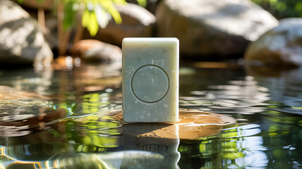 Natural Soap Bar Resting on Water Surface Reflecting Lush Greenery Promoting Relaxation and Eco Friendly Lifestyle with Gentle Ripples and Serene Ambience