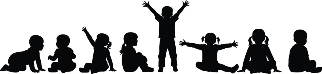 Silhouettes of children crawling, sitting, standing, playing, showing growth stages, ideal for parenting, education, development, behavior, milestones