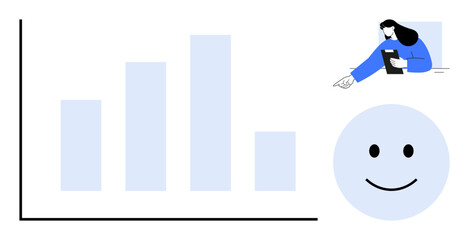Bar chart visualization with downward trend, happy face representing success, and woman analyzing data. Ideal for analytics, performance, feedback, business growth, user satisfaction, workplace