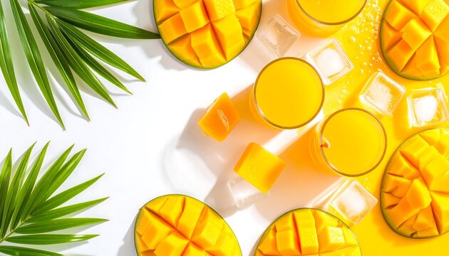 Overhead shot of fresh mango juice and sliced mango with palm leaves on vibrant yellow background, summer concept