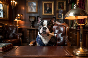 Sophisticated Bulldog Boss Smoking Cigar in Elegant Office Setting Surrounded by Leather and Wood Ready for Business Decisions and Corporate Success