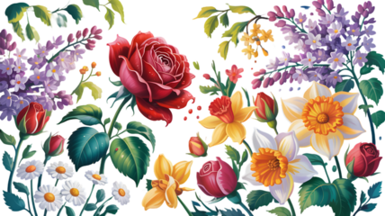 Vibrant floral arrangement with roses daffodils and lilac isolated on a transparent background