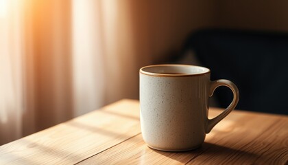 A white ceramic mug with a brown rim sits on a wooden table in soft light near a window indoors