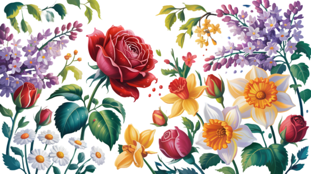 Vibrant floral arrangement with roses daffodils and lilac isolated on a transparent background