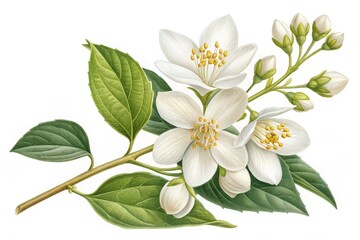 Obraz premium Delicate jasmine flowers and leaves isolated on white background