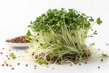 Freshly sprouted broccoli microgreens isolated on white background