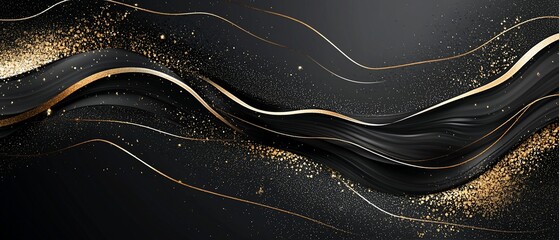 Elegant black background with flowing golden lines and sparkling glitter accents