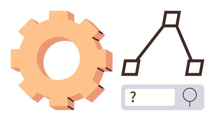 Gear, triangular diagram, and search bar with question mark symbolize problem-solving, strategy, research, planning, optimization, innovation and analysis. Ideal for solutions processes teamwork
