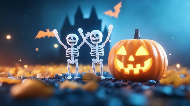 Glowing jack o lantern and two toy skeletons on dark background representing scary Halloween night with spooky castle. Samhain