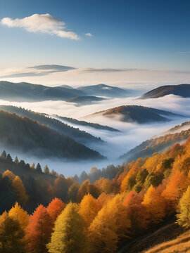 Beautiful misty morning dream valley mountain autumn fogy and clouds.