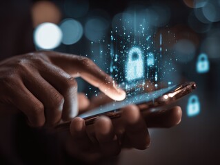 Man using smartphone to encrypt data and strengthen cybersecurity, Protecting personal and corporate information against hackers. Data privacy, Safe internet technology practices..