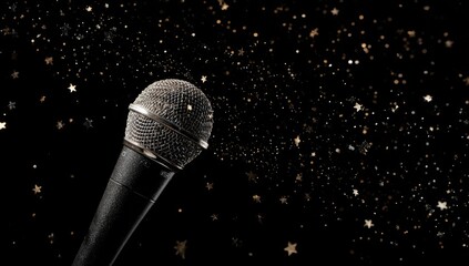 Close-up microphone against a backdrop of golden glitter stars