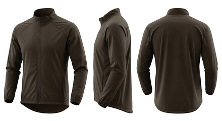 Brown Cycling Jacket Mockup - Front, Side, and Back Views