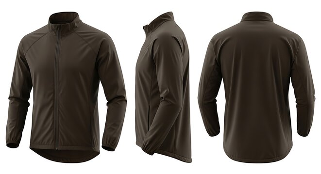 Brown Cycling Jacket Mockup - Front, Side, and Back Views