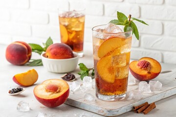 Fototapeta premium Refreshing peach iced tea with fresh peaches isolated on white background