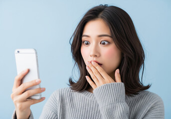 スマートフォンを見て驚き、片手で口をおさえる女性の表情