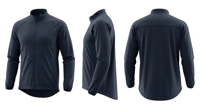 Navy Blue Softshell Jacket Mockup: Front, Side, and Back Views