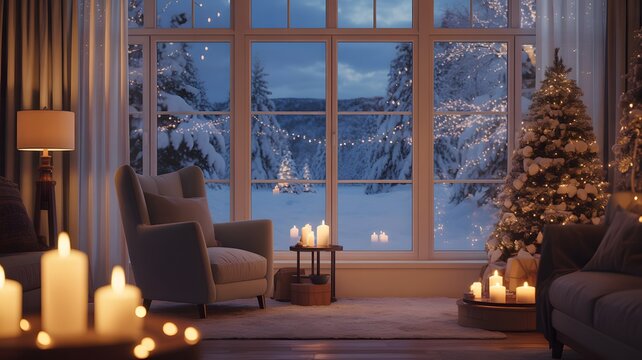Fototapeta Cozy living room with Christmas tree and snowy window view winter indoor