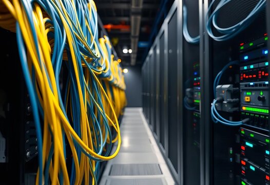 Network cables connecting servers in a modern data center,   server room,   data processing