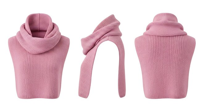 Fashionable pink knitted dickey collar mockup set with front, side, and back views isolated for apparel design.