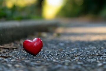 Fototapeta premium Lonely Red Heart on a Gravel Path with Blurred Green Background