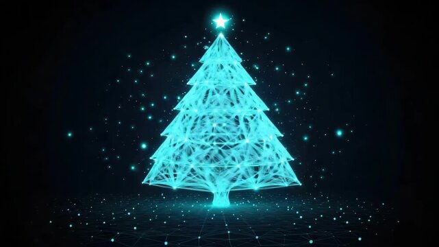 Digital Christmas tree made of glowing lines and dots on dark background. Modern holiday design for Christmas and New Year celebration.