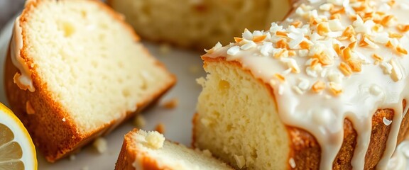 Sliced coconut lemon cake, showcasing moist crumb and glaze, yellow, dessert food