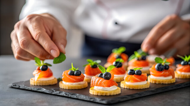 Chef meticulously garnishing delicious salmon appetizers with fresh herbs - Powered by Adobe