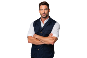 Confident, smiling bartender man in navy vest and white shirt with crossed arms. Friendly service worker, isolated on transparent background