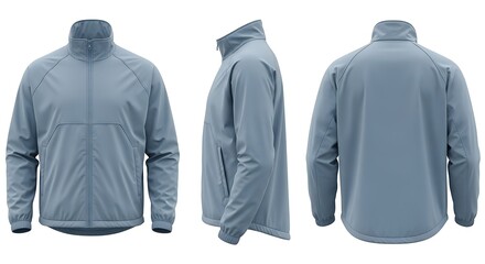 Blank men's lightweight sport jacket mockup showing front, side, and back views on an isolated white background for apparel design.