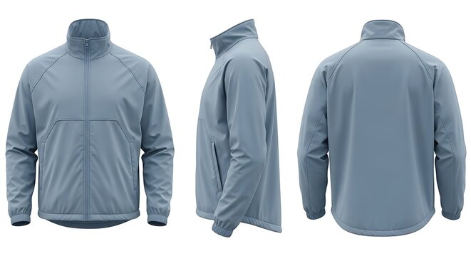 Blank men's lightweight sport jacket mockup showing front, side, and back views on an isolated white background for apparel design.