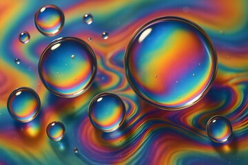 Abstract Colorful Liquid Bubbles Floating on Rainbow Swirled Background