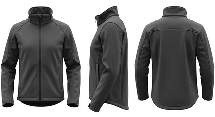 Men's black long sleeve softshell jacket mockup showing front, side, and back views for apparel design