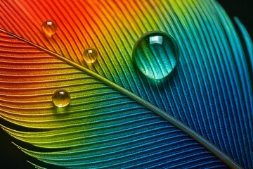 Close Up of Vibrant Rainbow Peacock Feather with Water Droplets