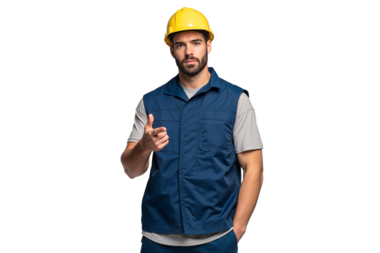 Confident male construction worker in a hard hat points his finger at the camera. Professional industrial laborer portrait for recruitment or safety concepts