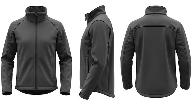 Men's black long sleeve softshell jacket mockup showing front, side, and back views for apparel design