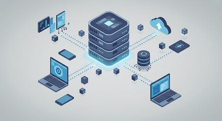 Conceptual illustration of a centralized data server hub for cloud computing, network connectivity, and information exchange.