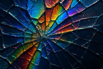Colorful Shattered Glass Closeup Abstract Background with Rainbow Reflections
