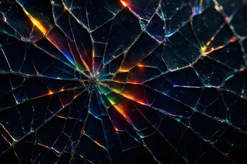 Broken Glass with Rainbow Reflections on Dark Background