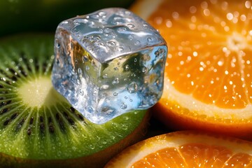 Close Up of Slice Kiwi and Orange with Ice Cube on Top Fresh Juicy Fruits
