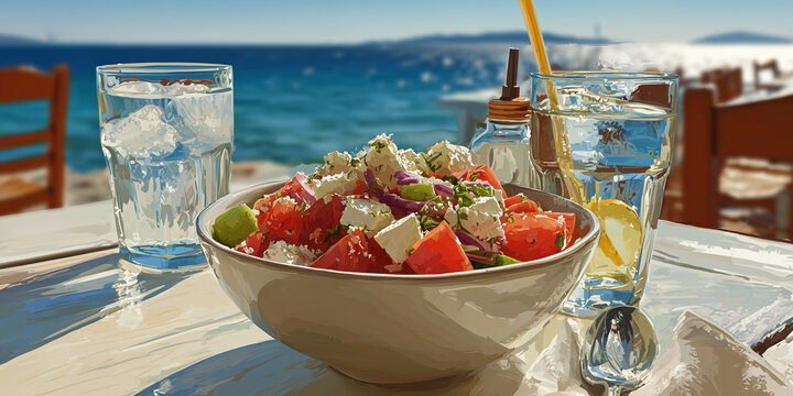 Griechischer Bauernsalat, Mediterraner Salat auf einem Tisch der am Meer steht das im Hintergrund sichtbar ist. Urlaub 