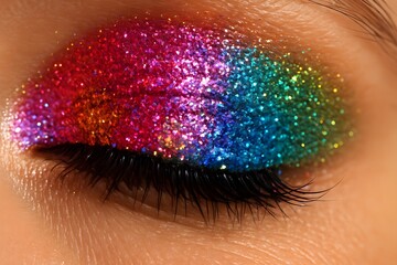 Bright Colorful Glitter Eye Makeup in Close Up with Black Eyelashes and Skin Tone