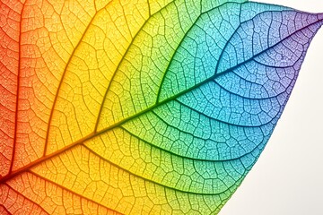Close-up of a Multicolored Leaf with Vibrant Rainbow Gradient and Detailed Veins Artistic Nature Image